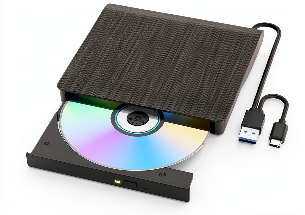 LLMHHKYK External USB CD DVD Drive plugged into a laptop on a café table