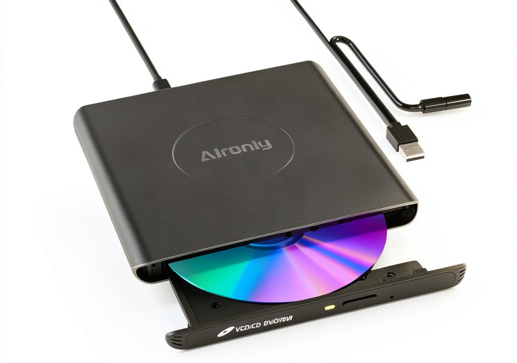 Alronly external CD DVD drive connected to a laptop in a coffee shop