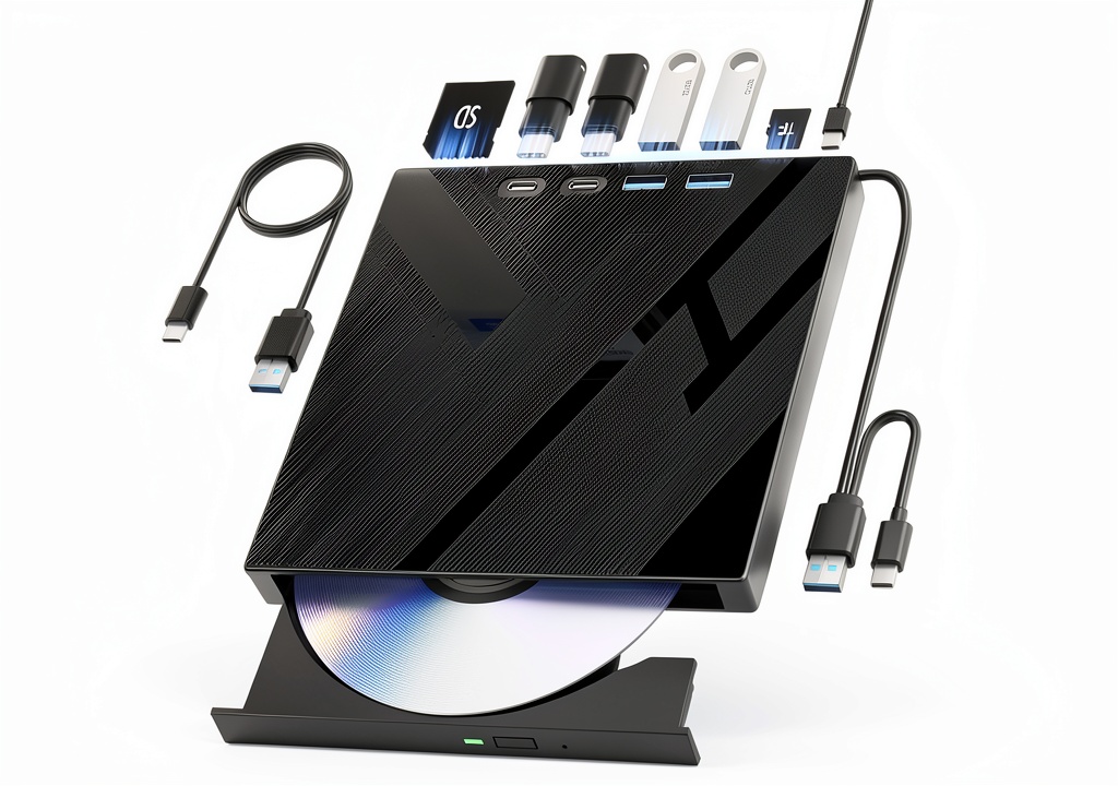 Installing USB DVD Drive Wbacon 7‑in‑1 External USB‑C Portable on a wooden desk